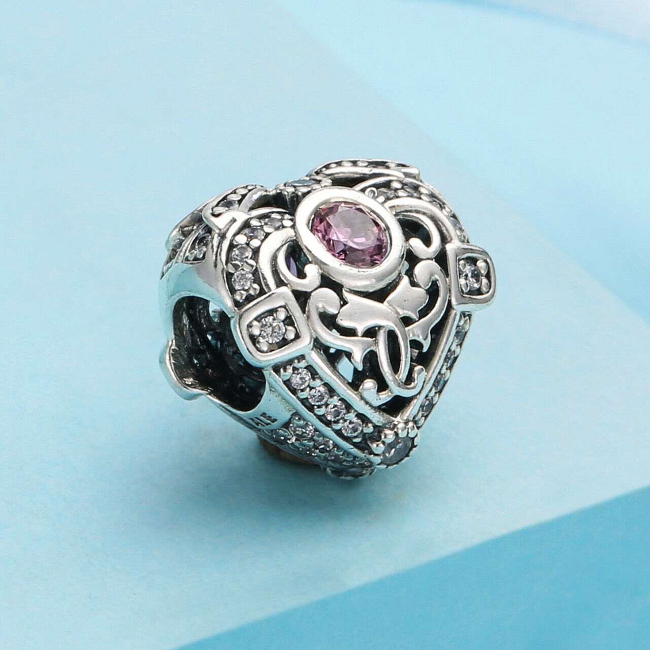 925 Sterling Silver Opulent Heart with Orchid & Clear CZ Charm Bead