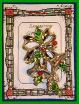 Christmas Pin #0001 Vtg Signed Gerrys Bells Holly Bow Goldtone Holiday - £7.72 GBP