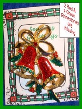 Christmas PIN #0046 Double Bells Red Enamel Green Rhinestones & Grn Enamel Holly - $9.85