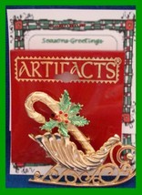 Christmas PIN #0092 Artifacts Sleigh-Candy Cane Goldtone-Red-Green Enamel Holly - £15.78 GBP