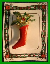 Christmas PIN #0116 Stocking &amp; Holly Enamel Red &amp; Green on Goldtone - $9.65