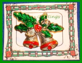 Christmas PIN #0048 Double Bells Goldtone &amp; Red w/Green Enamel Holly ~Go... - £7.86 GBP