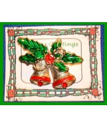 Christmas PIN #0048 Double Bells Goldtone &amp; Red w/Green Enamel Holly ~Go... - £7.70 GBP