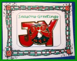 Christmas PIN #0058 JOY Signed R.O.C Red Enamel with Wreath w/RED BOW~Goldtone - $14.80