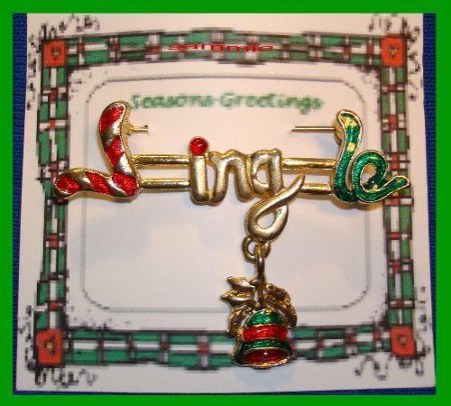 Primary image for Christmas PIN #0052 VTG Not Signed JINGLE Goldtone & Enamel Bell Dangl'g HOLIDAY
