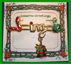 Christmas PIN #0052 VTG Not Signed JINGLE Goldtone &amp; Enamel Bell Dangl&#39;g... - $19.75