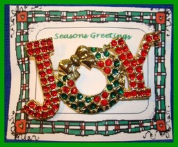 Christmas PIN #0065 JOY Red &amp; Green Goldtone with Rhinestones HOLIDAY - £15.46 GBP