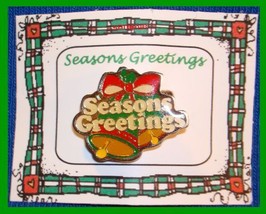 Christmas PIN #0050 Double Bell Seasons Greetings Red Grn Cream Enamel G... - $8.86