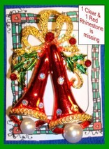 Christmas PIN #0047 Double Bells Red Enamel White Rhinestones &amp; Grn Enam... - £7.70 GBP