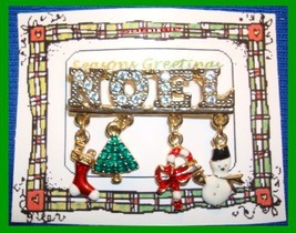 Christmas PIN #0066 VTG NOEL Goldtone-Enamel Danglg Charms-stockg-tree-candycane - £15.49 GBP