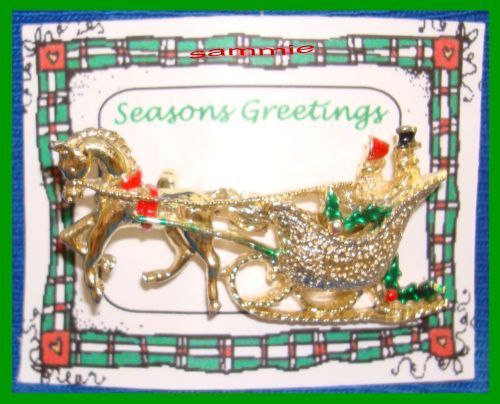 Primary image for Christmas PIN #0080 Signed Gerrys TopHat Man & Bonnet Lady Sleigh-Horse Goldtone