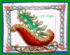 Christmas PIN #0082 Red Sleigh Green Tree W/Rhinestones Goldtone HOLIDAY... - £11.83 GBP