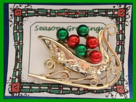 Christmas PIN #0085 Signed Tancer II Sleigh Goldtone &amp; Red &amp; Gren Enamel... - $34.60