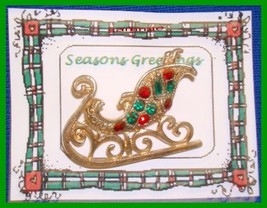 Christmas PIN #0086 Sleigh Goldtone with Red &amp; Green Rhinestones HOLIDAY - £15.53 GBP