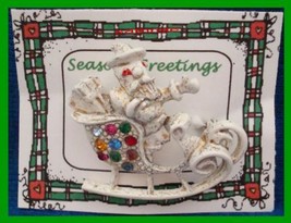 Christmas PIN #0081 Signed DODDS Santa Sleigh White with Rhinestones - £31.10 GBP