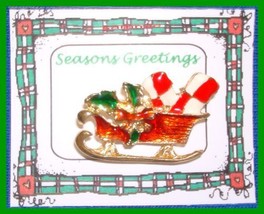 Christmas PIN #0087 Sleigh w/pkgs Goldtone with Red, Green-White Enamel ... - £11.80 GBP