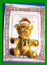 Christmas PIN #0108 Vintage Teddy Bear Red &amp; White Hat-Green Enamel Bow ... - $12.82