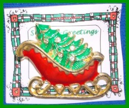 Christmas PIN #0084 Sleigh Goldtone &amp; Red &amp; Green Enamel with 5 Clear Rh... - £11.83 GBP