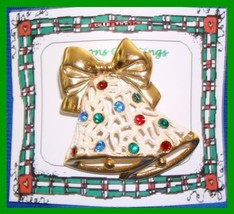 Christmas PIN #0076 Double Bells Frosted &amp; Goldtone with Rhinestones HOLIDAY - £11.70 GBP