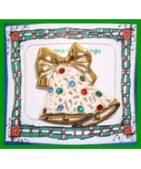 Christmas PIN #0076 Double Bells Frosted &amp; Goldtone with Rhinestones HOL... - $14.80