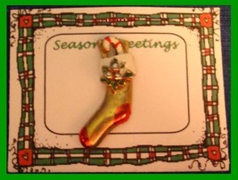 Christmas PIN #0115 Stocking Gold &amp; Red Enamel Candy Cane Bow Tac Pin ~Goldtone~ - £6.24 GBP
