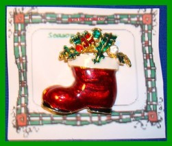 Christmas PIN #0119 Red Stocking Santa Boot Swarovski Rhinestone Goldtone-Enamel - £15.53 GBP