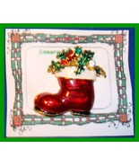 Christmas PIN #0119 Red Stocking Santa Boot Swarovski Rhinestone Goldton... - $19.75
