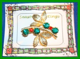 Christmas PIN #0133 Vintage Branch of Holly Leaves &amp; Crystal Berries HOLIDAY VGC - £15.60 GBP