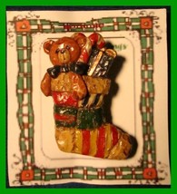 Christmas PIN #0126 Wooden Looking Patchwork Stocking Teddy Bear HOLIDAY Brooch - £10.08 GBP