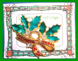 Christmas PIN #0142 VTG Holly &amp; Crystal Berries Enamel Leaves HOLIDAY Br... - $363.45 MXN