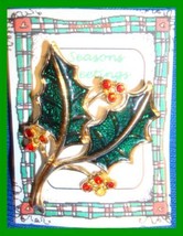 Christmas PIN #0137 Vintage Beatrix Holly Leaves Enamel &amp; Crystals HOLIDAY VGC - £15.88 GBP