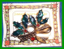 Christmas PIN #0141 LIA VTG Holly &amp; Marcasite w/Crystal Berries HOLIDAY ... - £19.07 GBP