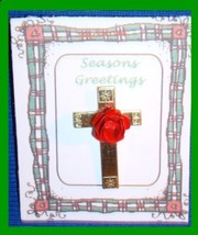 Christmas PIN #0154 Cross Goldtone Tac Pin with Red Enamel Rose VGC Lapel - £10.08 GBP