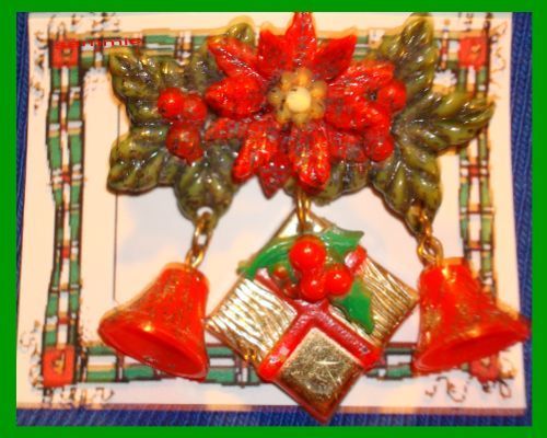 Primary image for Christmas PIN #0005 VTG Celluloid Bells-Poinsettia-Gift Package~Goldtone HOLIDAY