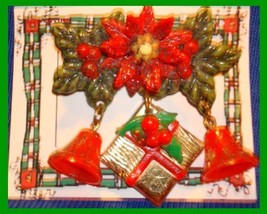 Christmas PIN #0005 VTG Celluloid Bells-Poinsettia-Gift Package~Goldtone HOLIDAY - $49.45