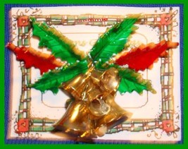 Christmas PIN #0009 VTG Signed St Labre Bells ~Red &amp; Green Holly Leaves~Goldtone - £59.31 GBP