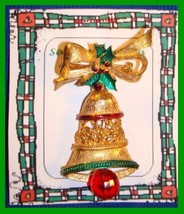 Christmas PIN #0024 VTG Signed GERRYS Bell Holly Bow Goldtone Red Clappe... - £19.37 GBP