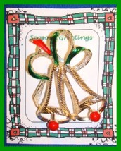 Christmas Pin #0014 Vtg Gerrys Two Bell Enamel W/Bow Goldtone Holiday Brooch Vgc - £11.86 GBP