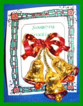 Christmas PIN #0023 No Mark 3 Bells Red Enamel Bow & Rhinestone Clapper~Goldtone - $19.75