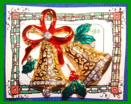 Christmas PIN #0026 Bells Goldtone Swarovski Crystal Rhinestones Red Enamel Bow - $19.75