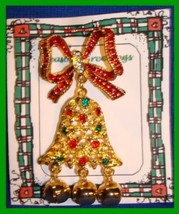 Christmas PIN #0030 VTG Bell w/3 Jingle Bells ~ RED Bow w/Rhinestones  G... - $49.45