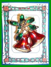 Christmas PIN #0033 VTG Double Bell Red & Green Enamel Holly ~Goldtone~ HOLIDAY - $14.80