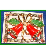 Christmas PIN #0034 VTG Double Bell w/Green-Red Enamel Holly faux pearl ... - £15.44 GBP