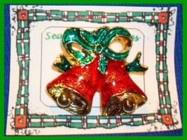 Christmas PIN #0040 Bells Goldtone &amp; Red with Green Ribbon Enamel ~Goldtone~ VGC - £11.70 GBP