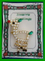 Christmas PIN #0349 Multicolor Rhinestone Deer Goldtone Pin Red Nose-Gre... - $24.70