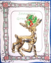 Christmas PIN #0364 VTG Gerrys Buck Reindeer Goldtone &amp; Holly Scatter Pin - £11.83 GBP