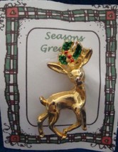 Christmas PIN #0363 VTG AAI Buck Reindeer Goldtone &amp; Holly Scatter Pin-VGC RARE - £15.78 GBP