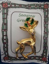 Christmas PIN #0363 VTG AAI Buck Reindeer Goldtone &amp; Holly Scatter Pin-VGC RARE - $19.75