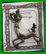 Christmas PIN #0352 Buck Reindeer Pewter Pin with Green Holly ~ running left - £15.76 GBP