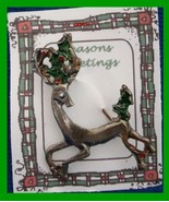 Christmas PIN #0352 Buck Reindeer Pewter Pin with Green Holly ~ running ... - $19.75